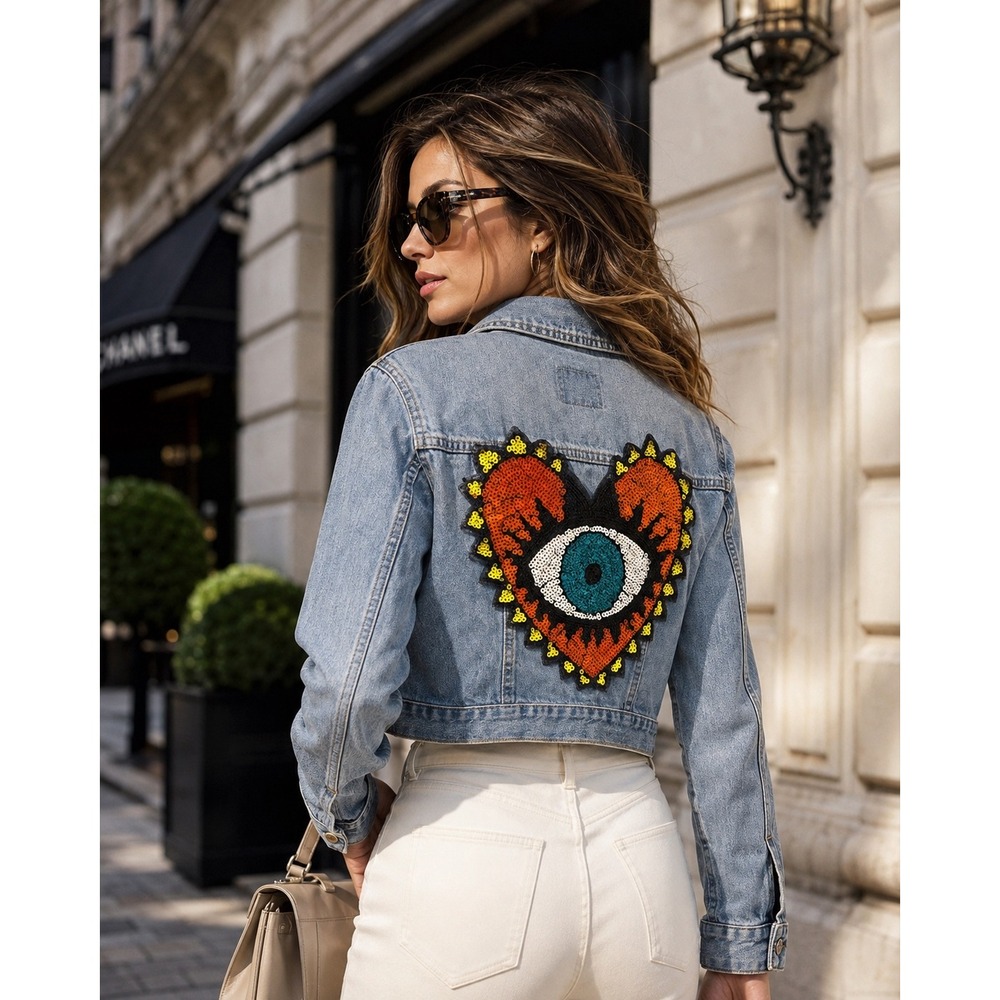 Old Navy Denim Jacket Light Wash Cropped Sequin Evil Eye Heart Patch Womens L